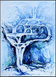 blauer Katarakt Wasserfall im Gebirge Aquarell in Blau und Schwarz