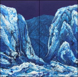 blaues Gebirgstal verschneite Berge Strukturmalerei Acrylmischtechnik