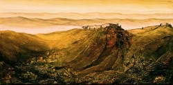 Toskanalandschaft im Abendlicht südliche imaginäre Gebirgslandschaft mit Gehöft Acrylstrukturmalerei mit Tuschelasuren