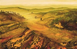 Toskanalandschaft im Abendlicht Acrylstrukturen und Tuschelasuren imaginäre südliche Landschaft