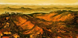Toskanalandschaft im Abendlicht südliche imaginäre Landschaft Abendstimmung Acrylmischtechnik Spachtelstrukturen und Tuschelasuren