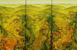 Gebirgslandschaft in gelbgrün Triptichon imaginäre Landschaftsstrukturen Acrylspachtelmasse und feine Lasuren