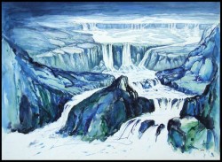 Wasserfälle im Gebirge Aquarell in Blau und Schwarz
