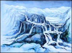 Wasserkaskaden Aquarell in Blau Wasserfälle im Gebirge