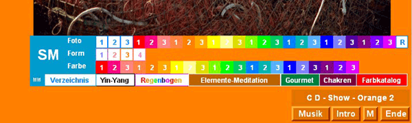 manuelle Meditationsleiste im Lernspiel: Meditation, Entspannung, Farben, Elemente, Yin Yang, Chakren, Farben, Regenbogen, Gourmet-Meditation