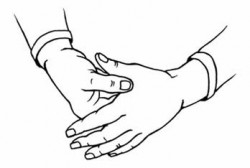 Handmassage-Zeichnung: Hände wärmen durch gegenseitiges Reiben bzw. waschen (Händewaschen-Bewegung) beider Hände.