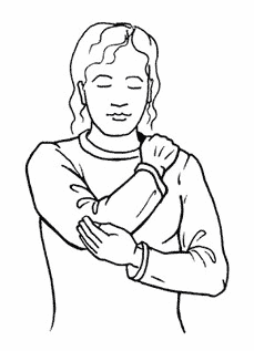 Nackenmassage durch Handauflegen - Frauenfigur - rechte Hand liegt auf Nacken - gestützt von der linken Hand