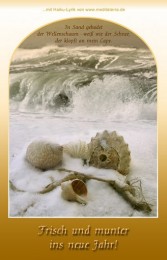 Neujahrsgruß mit Meereswellen im Winter, Muscheln, Strand und entspannender Haiku-Lyrik