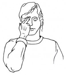 Entspannung im Büro: Streicheln der Augenbrauen - Zeichnung mit Frauenkopf, Arm und Hand, die die Augenbrauen streichelt