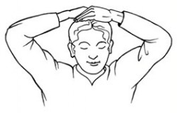 Reiki-Entspannung im Büro: Handauflegen Kronen-Chakra - Zeichnung mit Männerkopf und Armen / Händen, die auf dem Kopf liegen.