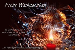 Gratis Weihnachtsgruß mit Gedicht, Kerzenwachs, winterliches Licht, Frohe Weihnachten