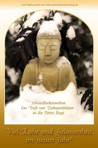 Neujahrsgrusskarte mit Buddha im Schnee und Haiku