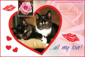 Rosengrußkarte mit zwei jungen Katzen in einem Herz und Kussmund - All my love