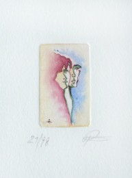 Pärchen - Radierung zum Thema Liebe - violett und blau aquarelliert