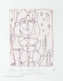 Ätzradierung mit Engel und Mond, lineares Kunstbild, original, limitiert