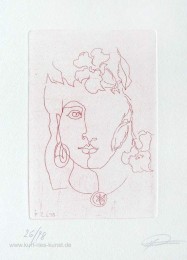 Ätzradierung zum Thema Frühling und Liebe mit Frauenkopf und Blüte im Haar, linear, preiswert