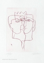 Kaltnadelradierung mit drei Gesichtern zum Thema Liebe, linear, Original-Radierung, preiswert, Maske
