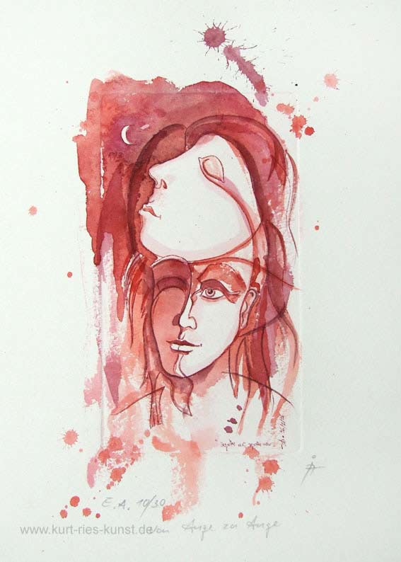 Kolorierte Ätzradierung zum Thema Liebe mit zwei Gesichtern und Halbmond - verträumt - rot aquarelliert