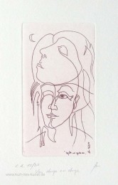 Ätzradierung - Originalradierung von Kurt Ries, zwei lineare Gesichter mit Halbmond zum Thema Liebe, limitiert