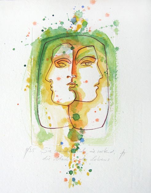 Colorierte Kaltnadelradierung: lineare Zeichnung mit zwei Frauengesichtern - aquarelliert