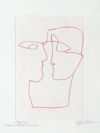 Original Kaltnadelradierung mit zwei verliebten Gesichtern, lineares Kunstbild zum Thema Liebe