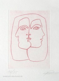 Radierung bzw. Kaltnadelradierung mit zwei spiegelverkehrten Köpfen, Frauengesichter, linear, limitiert, Thema Liebe