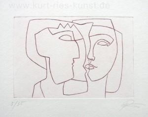Radierung, Kaltnadelradierung zum Thema Liebe, zwei Gesichter, linear, Schweigen, Mann und Frau Köpfe, preiswert