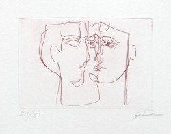 Radierung: Zwei Gesichter zum Thema Liebe, Dialog, Gespräch, Köpfe, Augen, Stummer Dialog, Mann und Frau, Kaltnadelradierung