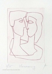 Radierung Umarmung von Mann und Frau, Geschenk zum Valentinstag, Original-Kunstbild von Kurt Ries, linear, schwarz weiß, Liebesthema