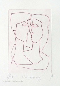 Radierung Umarmung von Mann und Frau, Geschenk zum Valentinstag, Original-Kunstbild von Kurt Ries, linear, schwarz weiß, Liebesthema