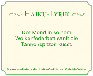 Haiku-Gedicht: Der Mond in seinem Wolkenfederbett die Tannen küsst