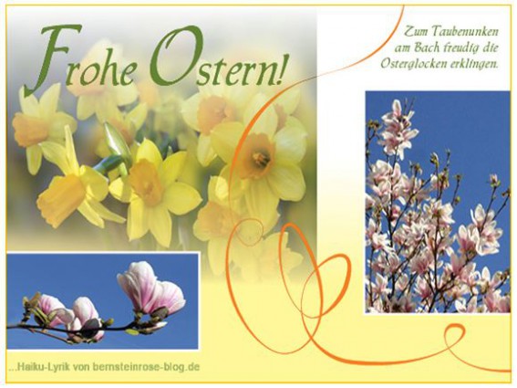 Grusskarte Frohe Ostern kostenlos mit Osterglocken und Magnolien