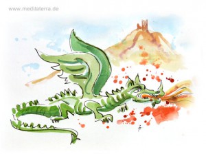 Drachenfels mit Drachen - Aquarell von Kurt Ries