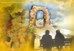 Rolandsbogen am Rhein mit Weintrauben und zwei Menschen auf einer Bank - Collage aus Aquarell und Foto