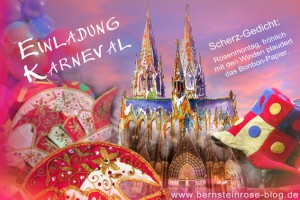 Einladung Karneval: Faschingskarte mit Scherz-Gedicht, Narrenkappen und Kölner Dom, Maskenball