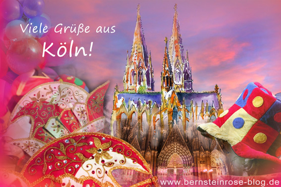 Grüße aus Köln mit Kölner Dom, Narrenkappen und Luftballons, Kölner Karneval