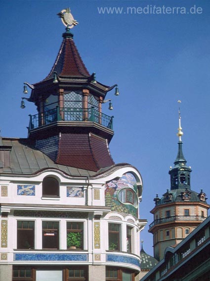 Riquethaus in Leipzig - mit dem Turm der Nikolaikirche im Hintergrund