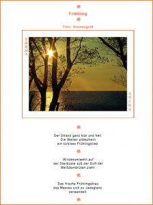 Geschenkbuchseite mit Jahreszeitenfoto "Frühling" und Haiku-Gedichten - zum Downloaden