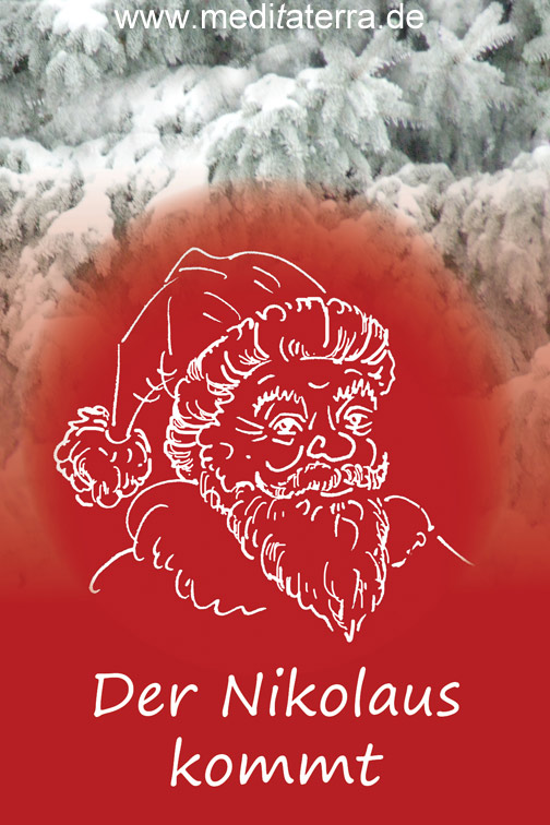 Grußkarte zum Nikolaustag mit Tannenzweigen im Schnee und Nikolausgruß - Zeichnung Nikolaus