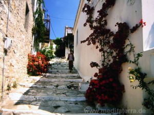 Insel Alonissos: Gasse in der alten Chora auf dem Berg