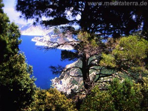 Blick von der Insel Skopelos nach Alonissos mit blauem Meer