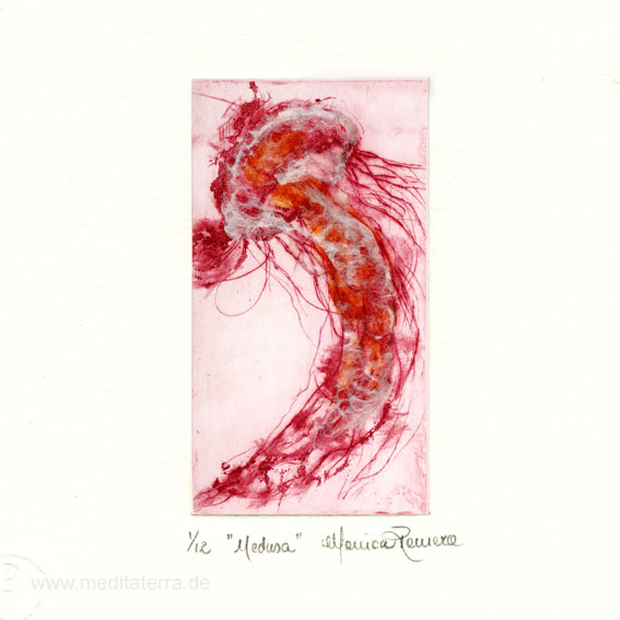 Monica Romero Davila, Mexiko, Medusa, Aquatint, Dry point, Chine Collé, 9.5 x 8.5 cm