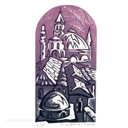 Victor Lipkin 3, Israel, Jerusalem’s Roofs, Violett, Linocut, 17 x 9 cm, 2015