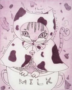 Chiemi Itoi, 30, Japan, Cat cafe, 2008, Etching, Mezzotint, 13 × 10 cm