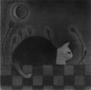 Chiemi Itoi, 4, Japan, Moon Cat, 1999, Mezzotint, Drypoint, 9 × 9 cm