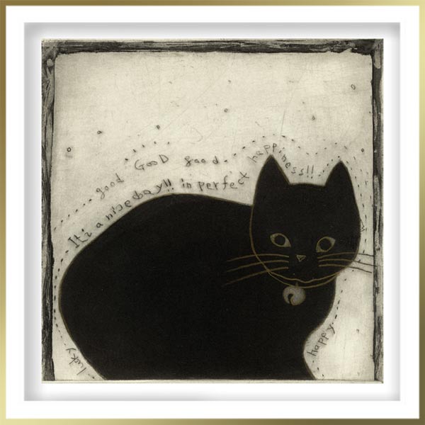 Chiemi Itoi, 14, Japan, Fortune Cat, 2013, Mezzotint, Deep Etching, Drypoint, Color Pencil, 15 × 15 cm