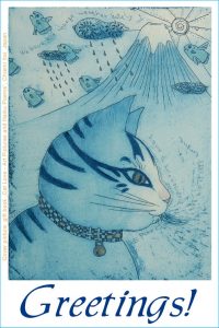 Katzengruß Englisch Greetings Katzenbuch Titelbild Radierung Kunstbild Chiemi Itoi Japan