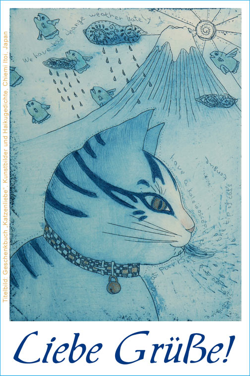 Katzengrußkarte Chiemi Itoi Japan Titelbild "Katzenliebe" Radierung
