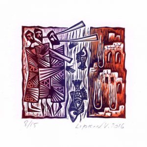 Victor Lipkin 1, Israel, The Trumpets of Jericho, 2016, Lino, 11 x 13 cm