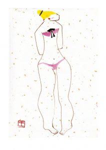 Lynn Chen 1, Taiwan, Lady in Bikini, 2018, Rock Painting on Foiled-Paper, 20 x 29 cm